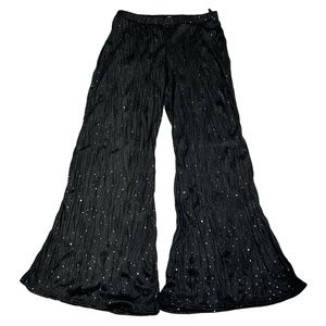 HAGARA ESTY B COLLECTION BLACK WIDE LEG CRINKLE PANTS WITH SPARKLING BLACK DOTS